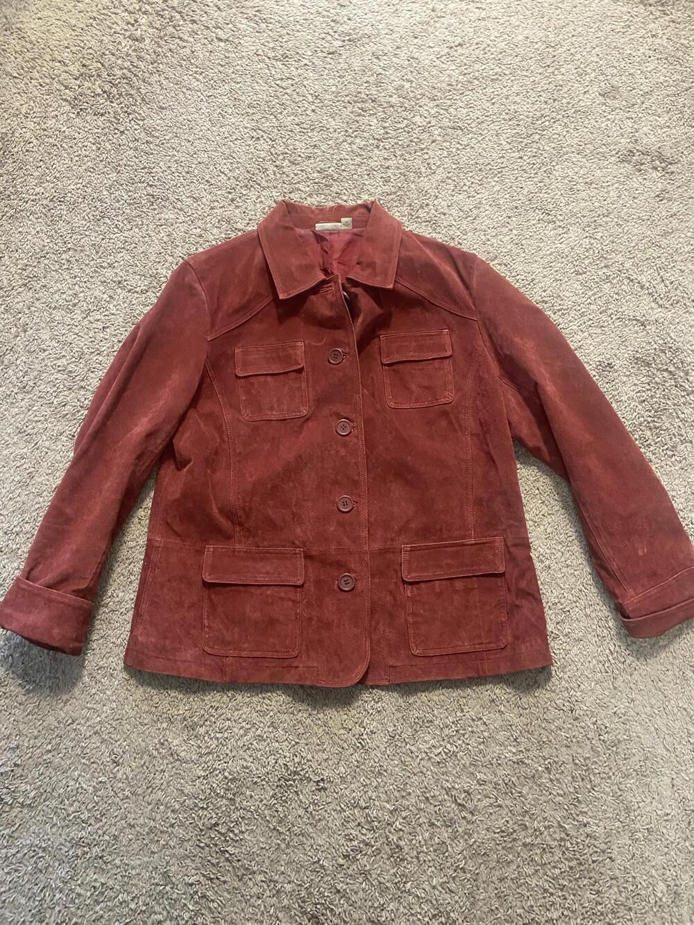 St. John's Bay Jacket Womens XL Red Suede Button Front Pockets Lined Mid Length